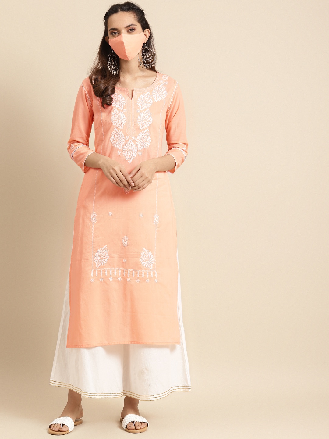 

RANGMAYEE Women Peach-Coloured & White Pure Cotton Embroidered Chikankari Kurta