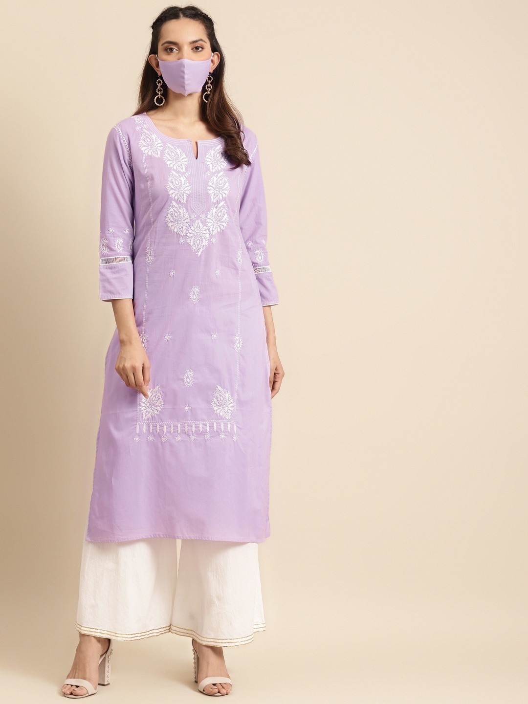 

RANGMAYEE Women Lavender & White Ethnic Motifs Embroidered Chikankari Pastels Kurta