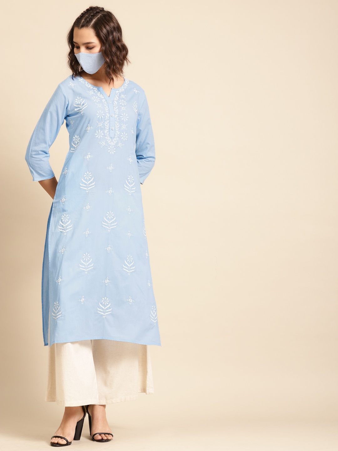 

RANGMAYEE Women Blue & White Ethnic Motifs Chikankari Embroidered Pastel Kurta