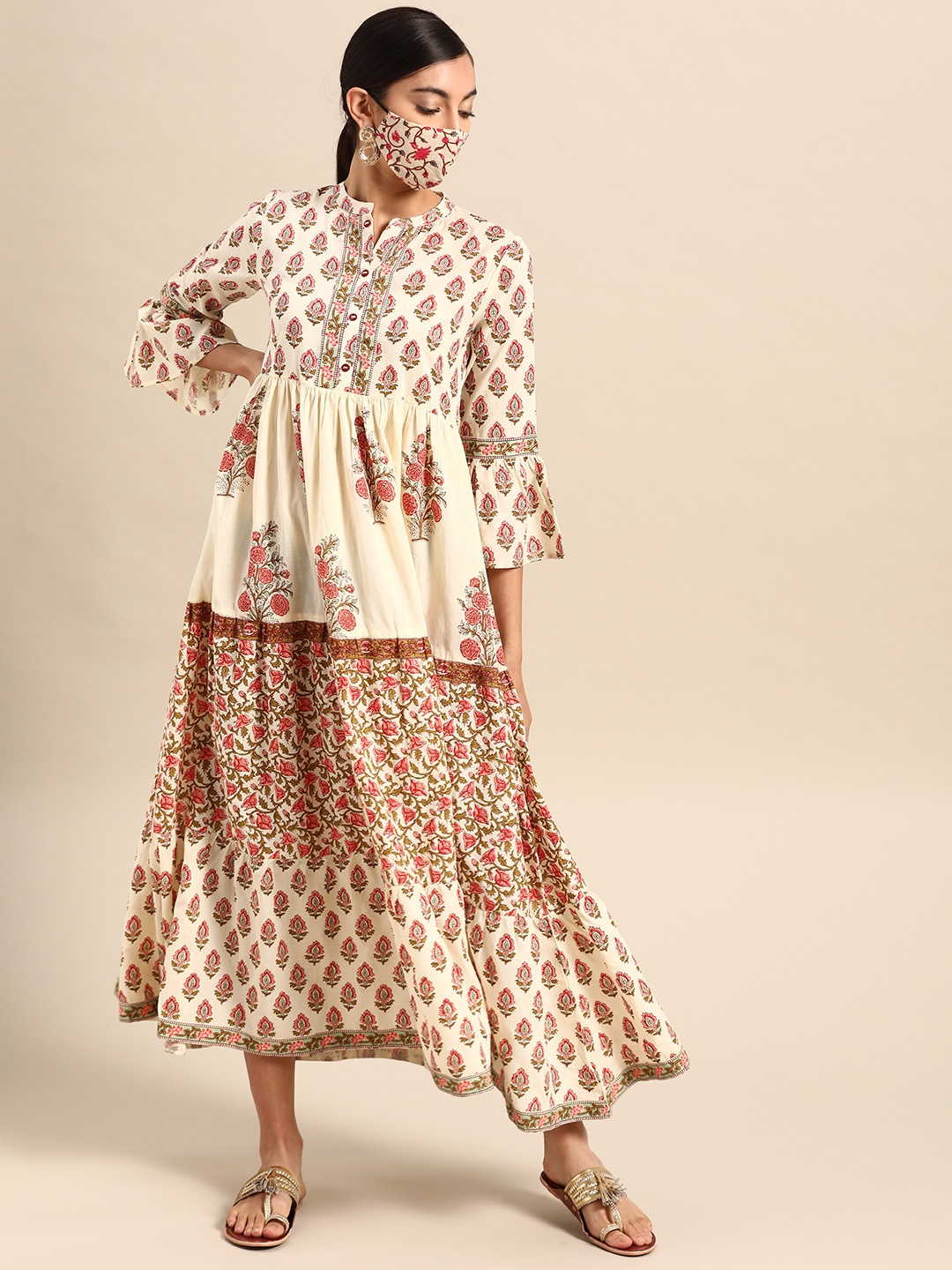 

RANGMAYEE Women Cream-Coloured & Pink Printed Pure Cotton Maxi Dress