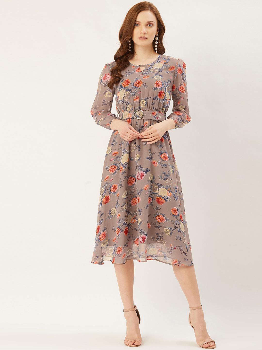 

Slenor Women Taupe & Blue Floral Printed A-Line Dress With Puff Sleeves