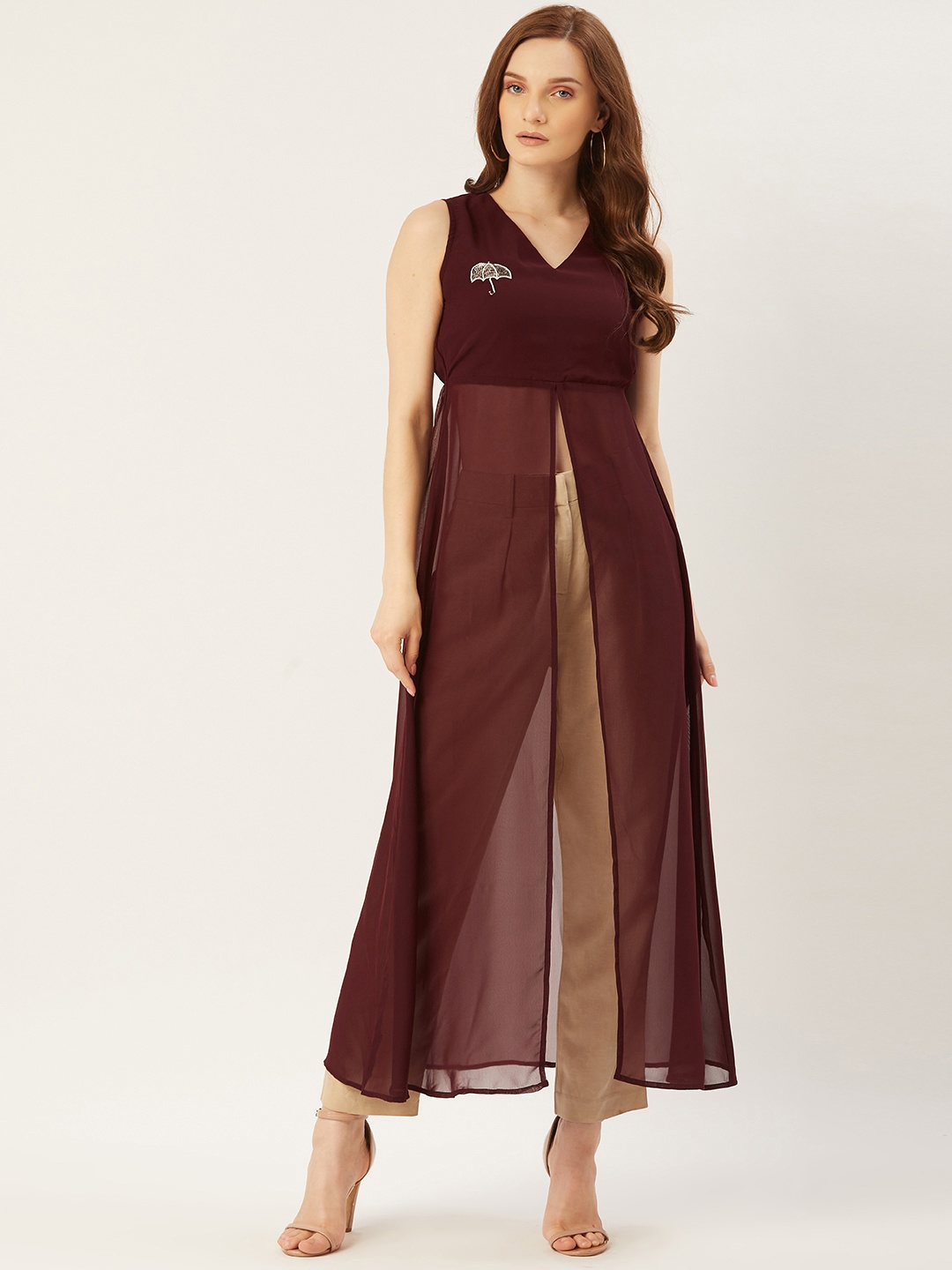 

Slenor Burgundy Solid High-Slit Semi Sheer A-Line Longline Top With Embellished Detail