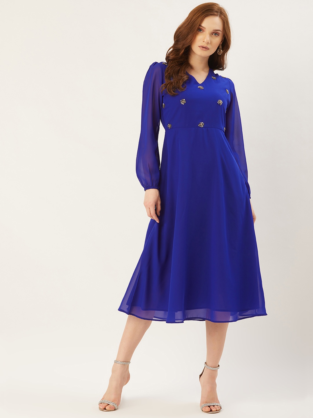 

Slenor Women Blue Solid A-Line Dress with Embellished Detail