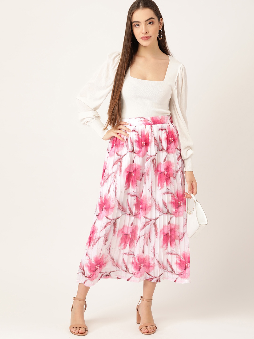 

Moda Rapido Women White & Pink Floral Print Accordion Pleats A-line Skirt