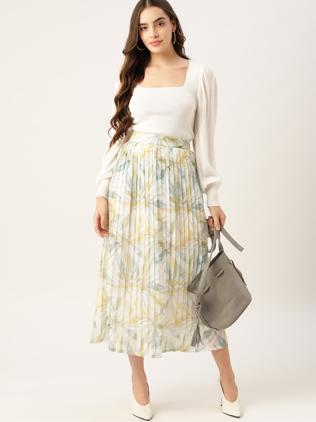 

Moda Rapido Green & Off-White Floral Printed Accordion Pleated A-Line Skirt