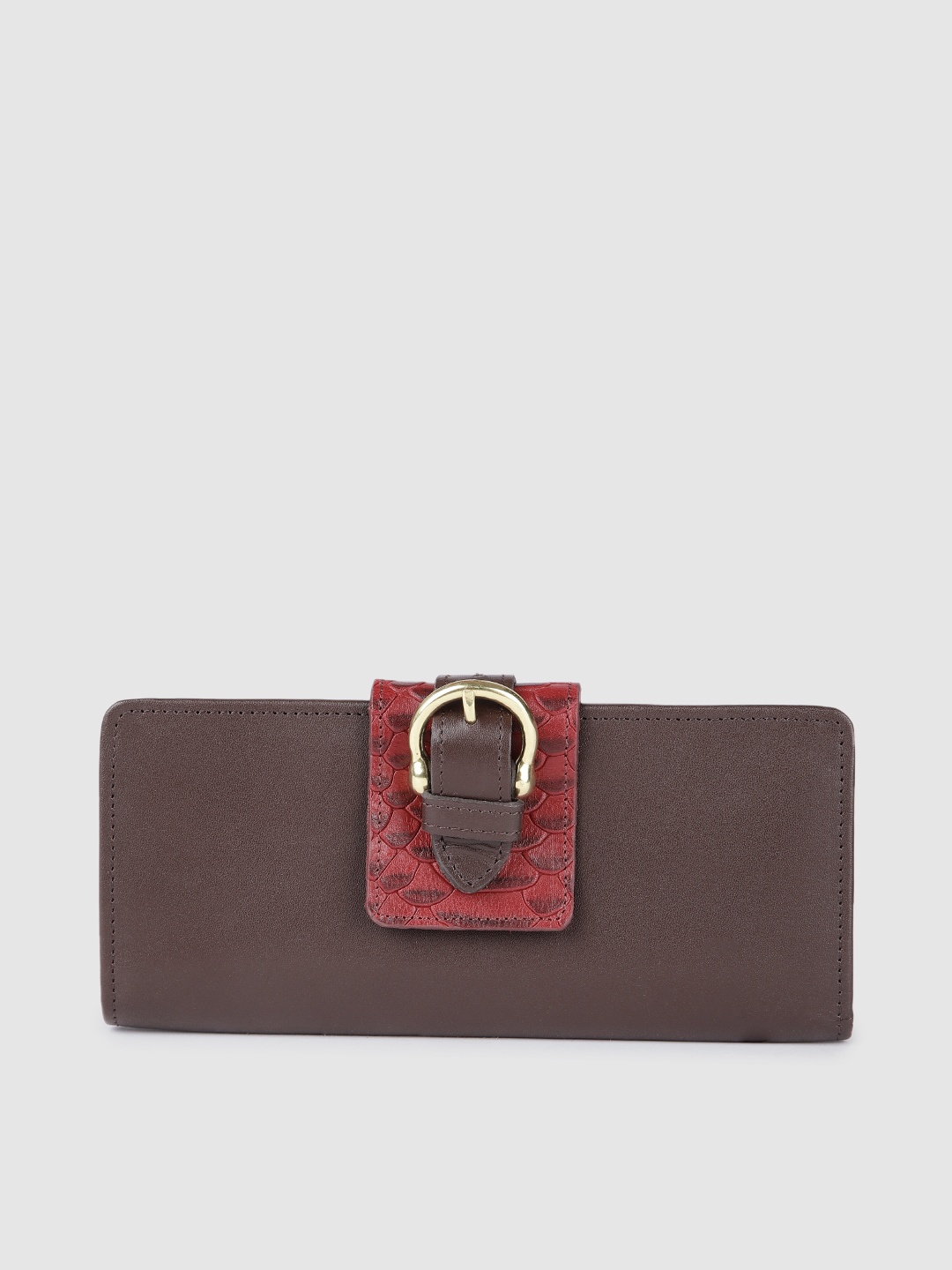 

Hidesign Women Brown Animal Buckle Detail Leather Envelope Wallet