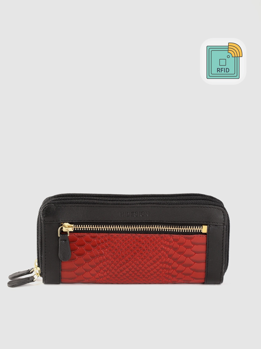 

Hidesign Women Red & Black Snakeskin Textured Leather Handcrafted RFID Zip Around Wallet