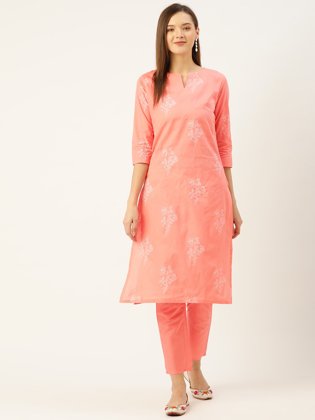 

Anouk Women Peach-Coloured Pure Cotton Ethnic Motifs Print Kurta with Trousers