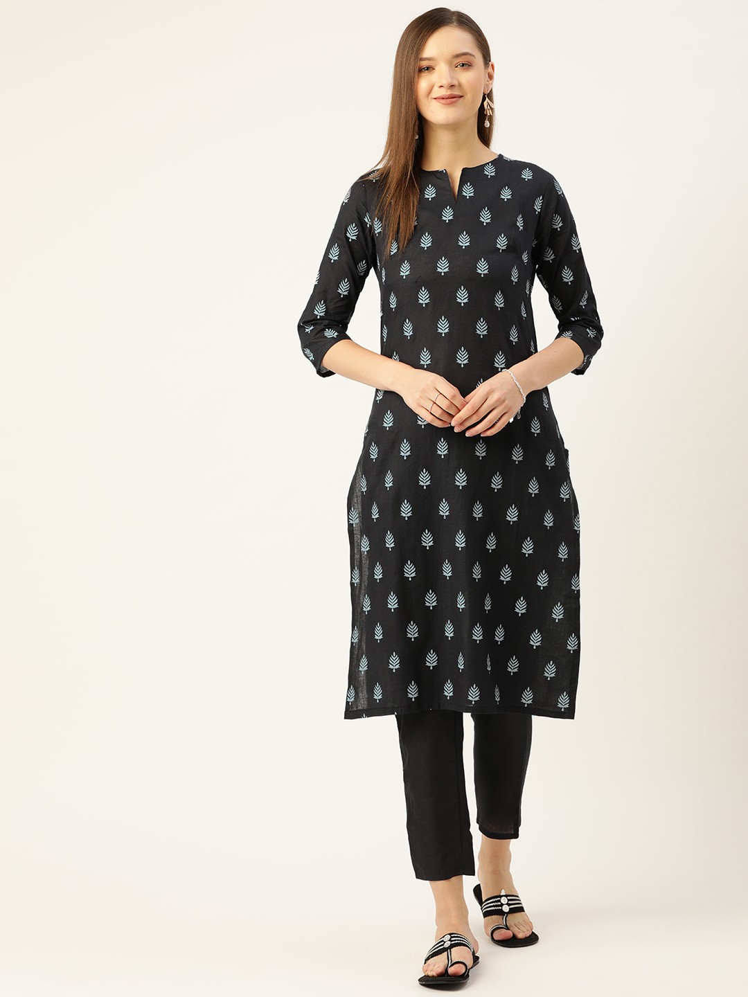 

Anouk Women Black Pure Cotton Ethnic Motifs Print Kurta with Trousers