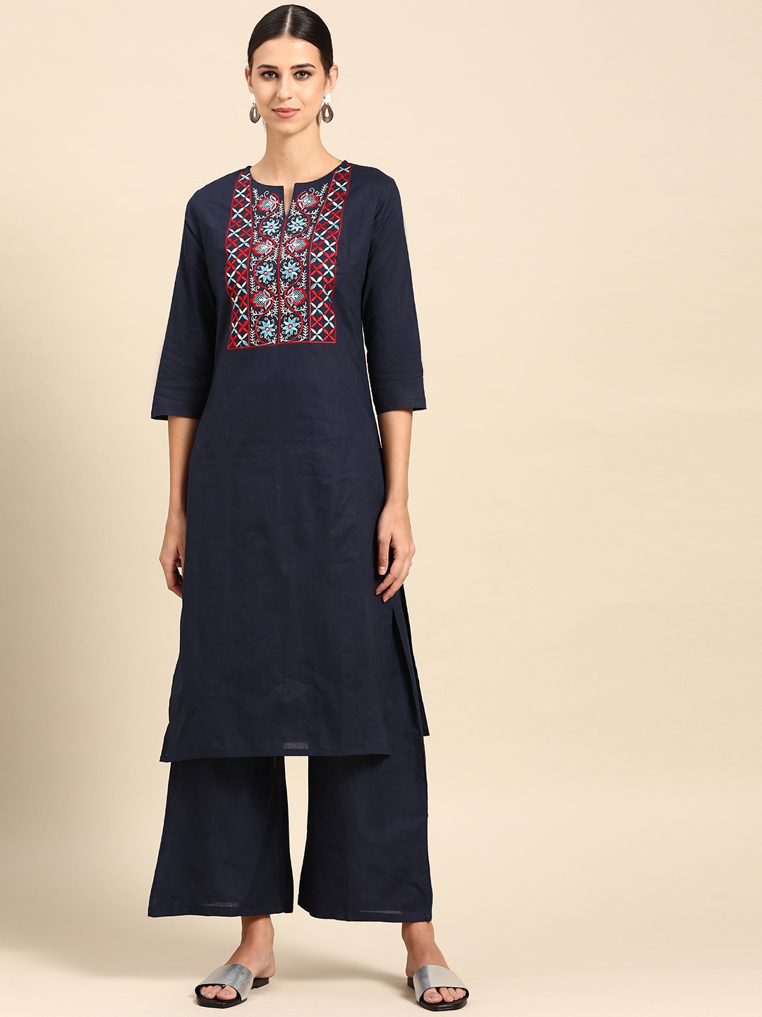 

Anouk Women Navy Blue Yoke Design Regular Thread Work Pure Cotton Kurta with Palazzos