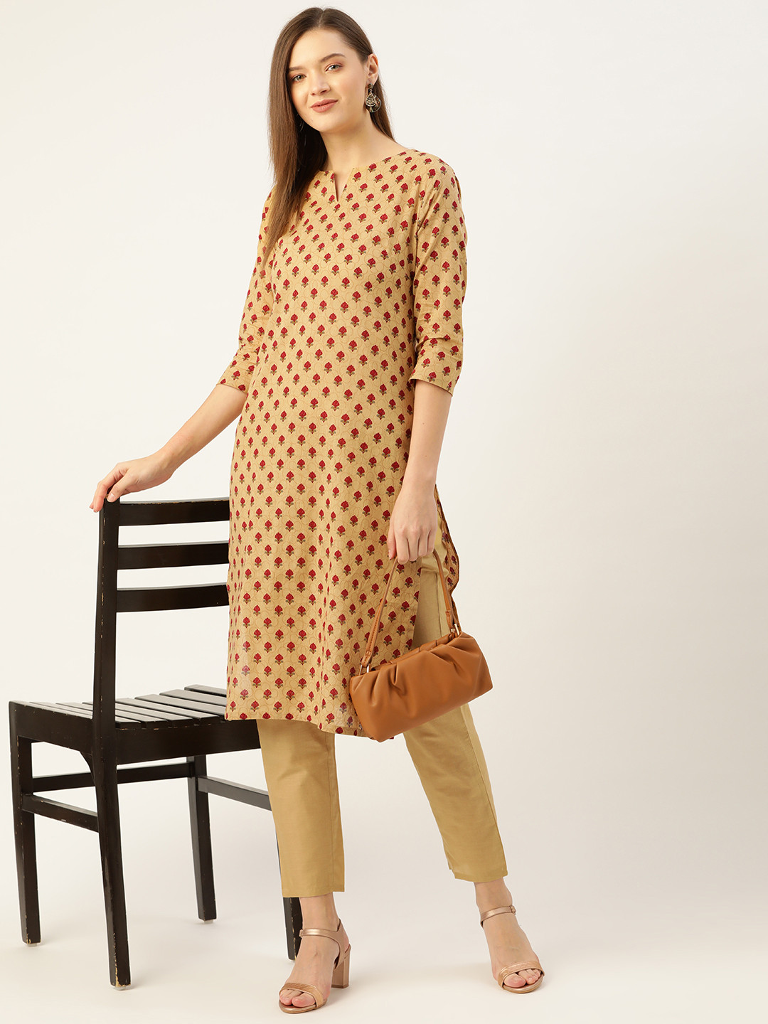 

Anouk Women Beige & Maroon Printed Pure Cotton Kurta with Trousers