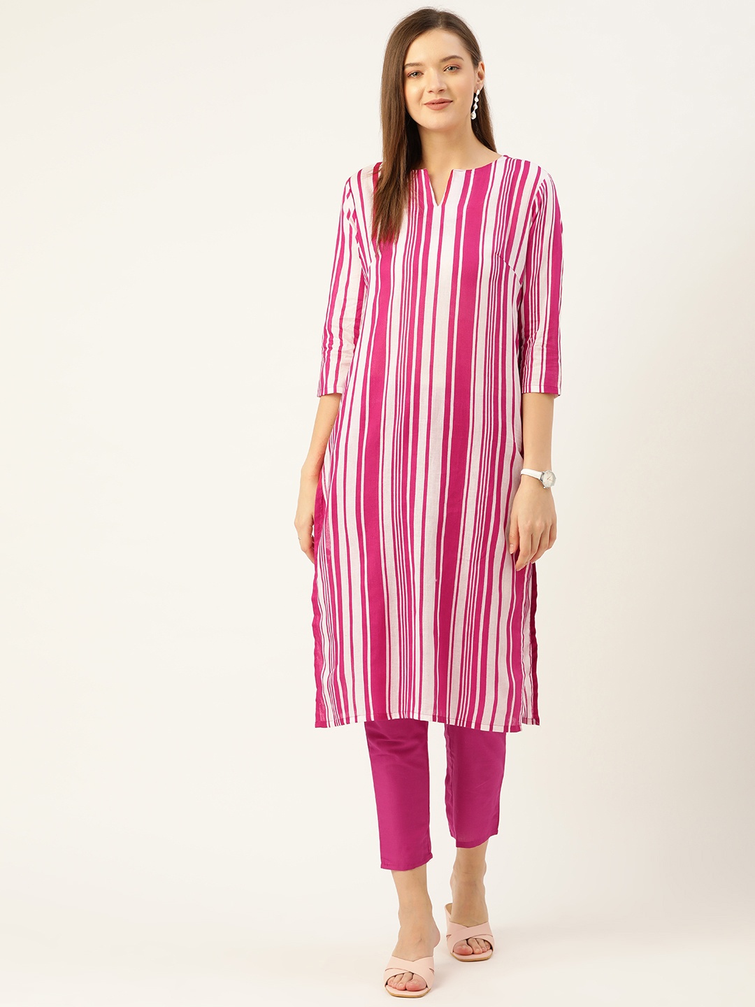 

Anouk Women Magenta & White Striped Pure Cotton Kurta with Trousers