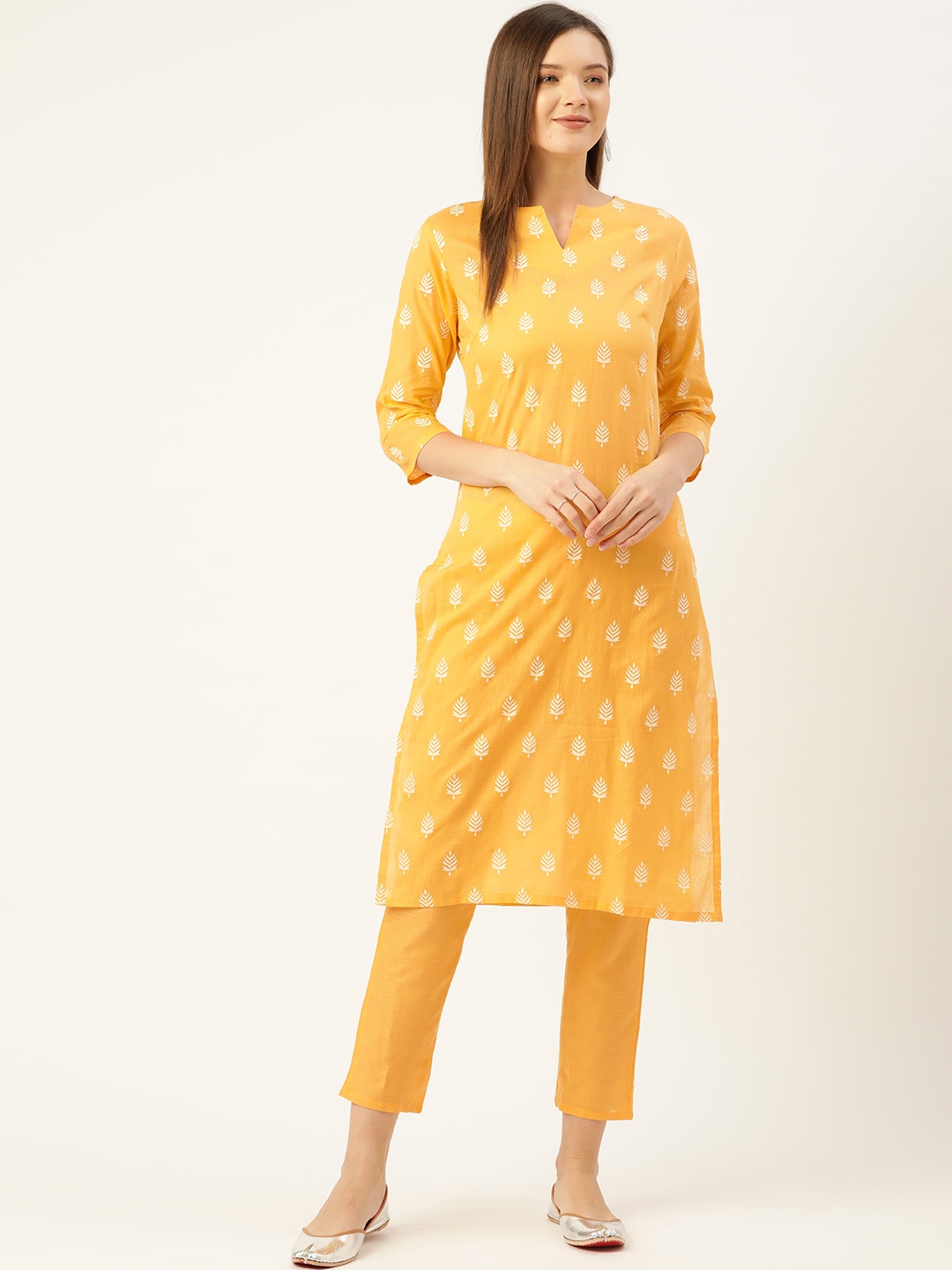 

Anouk Women Yellow & Maroon Printed Pure Cotton Kurta with Trousers