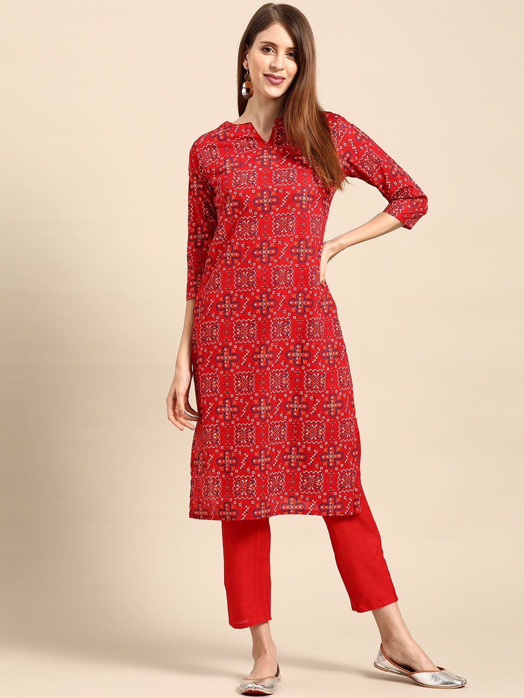 

Anouk Women Red & Blue Ethnic Motifs Printed Pure Cotton Kurta with Trousers