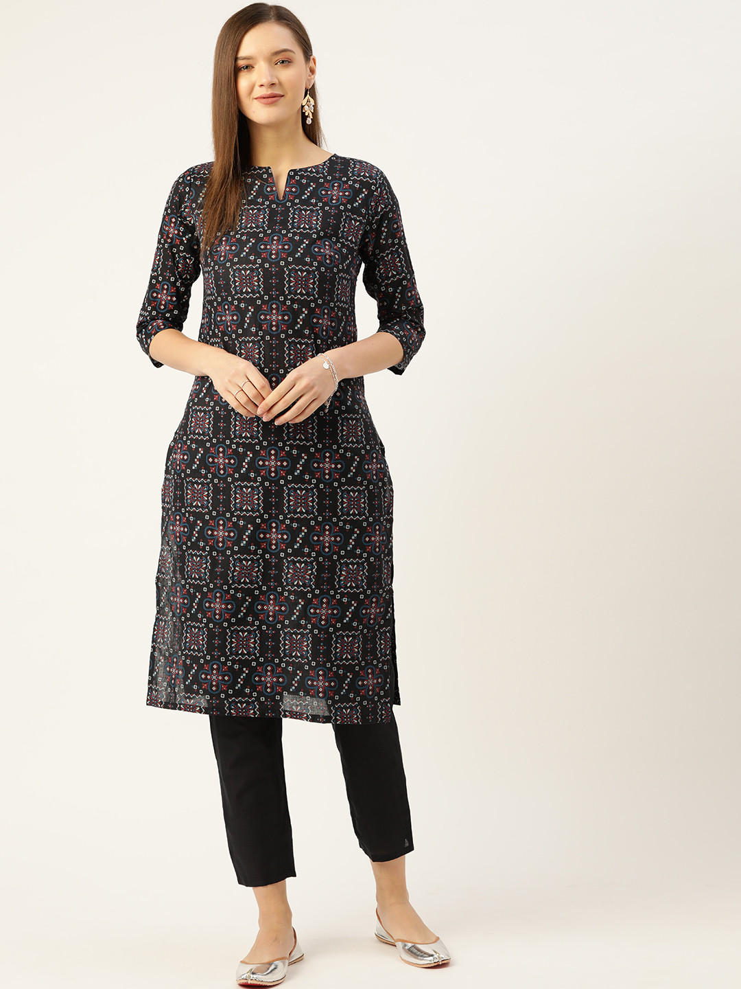 

Anouk Women Navy Blue Ethnic Motifs Printed Pure Cotton Kurta with Trousers