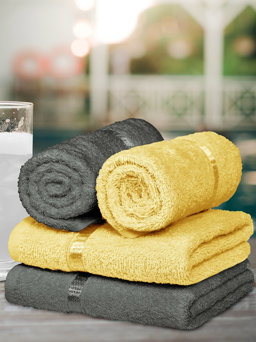 

Story@home Unisex Set Of 4 Charcoal Grey & Yellow Solid 450 GSM Cotton Hand Towels