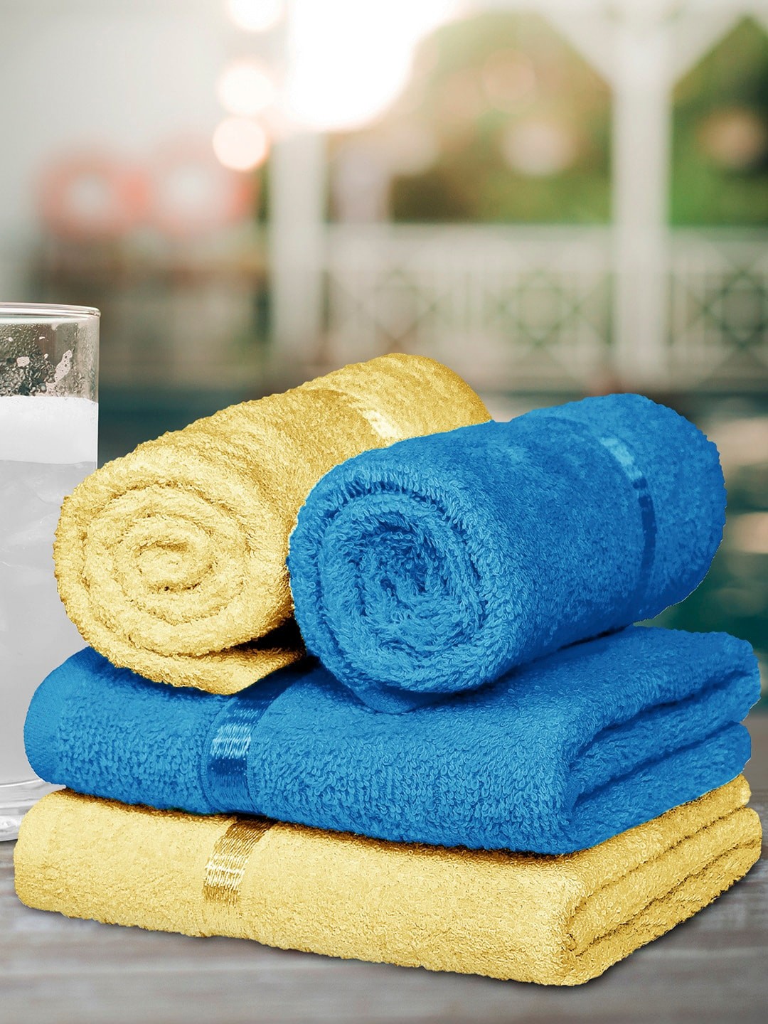 

Story@home Unisex Set Of 4 Blue & Yellow Solid 450 GSM Hand Cotton Towels