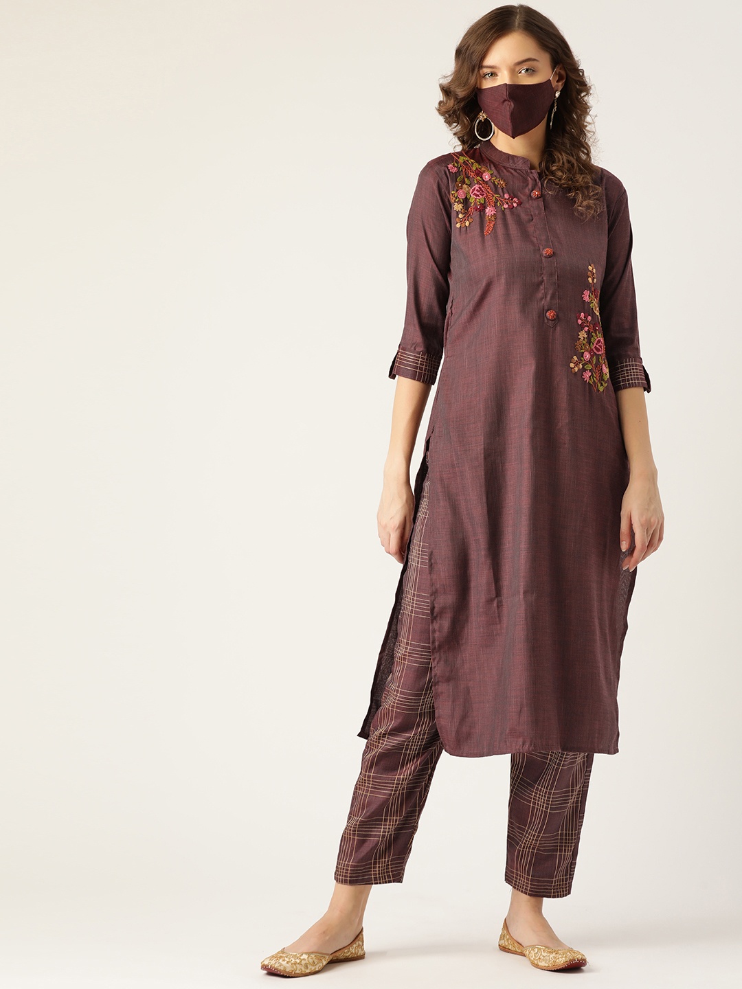 

FASHOR Women Coffee Brown Floral Thread Work Kurta with Trousers