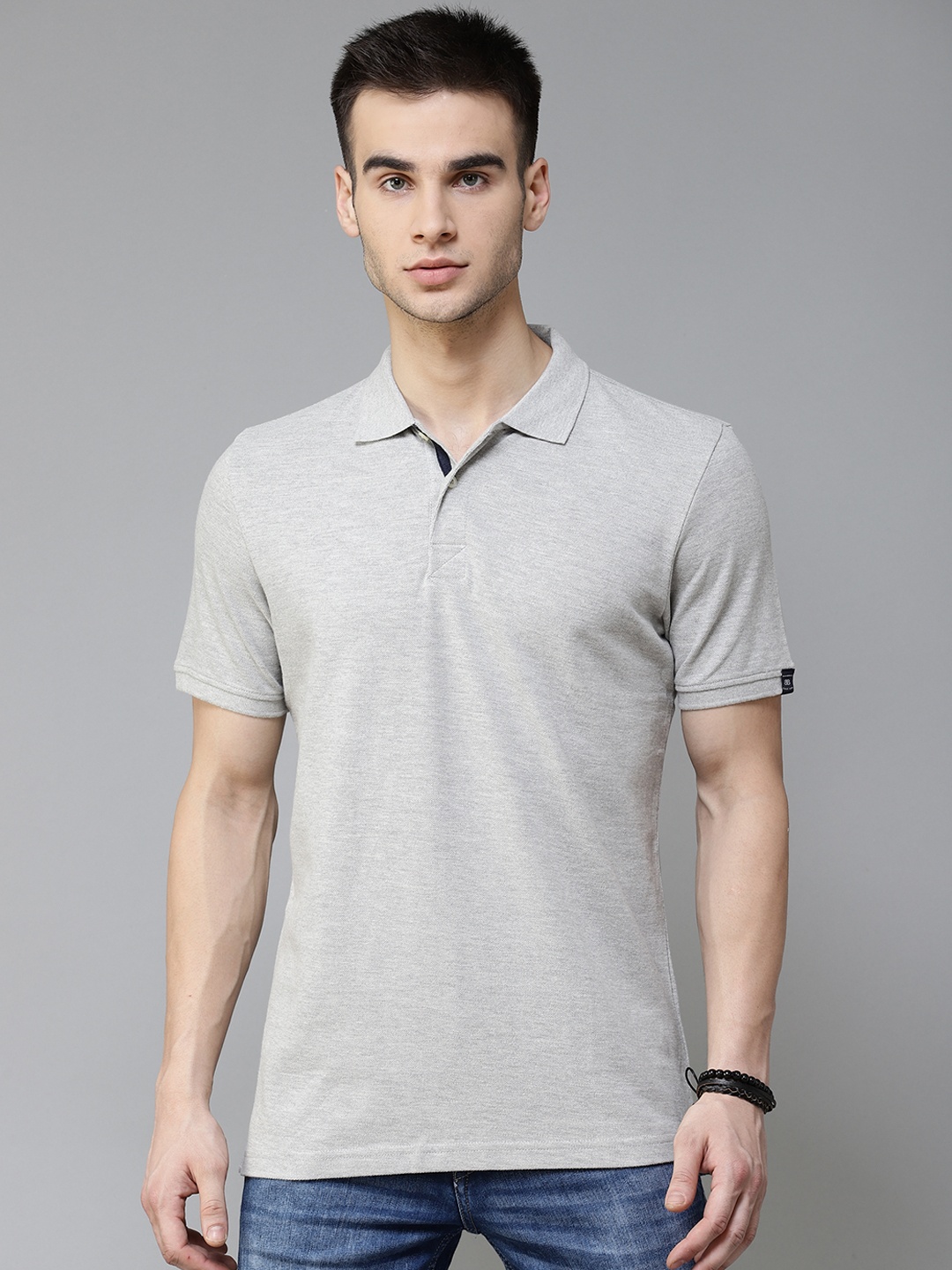 

Blackberrys Men Grey Melange Pure Cotton Solid Polo Collar T-shirt