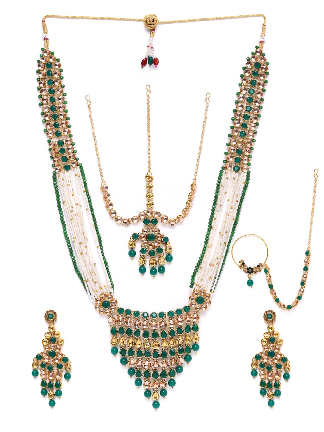 

Zaveri Pearls Green & White Gold-Plated Pearl Studded Jewellery Set