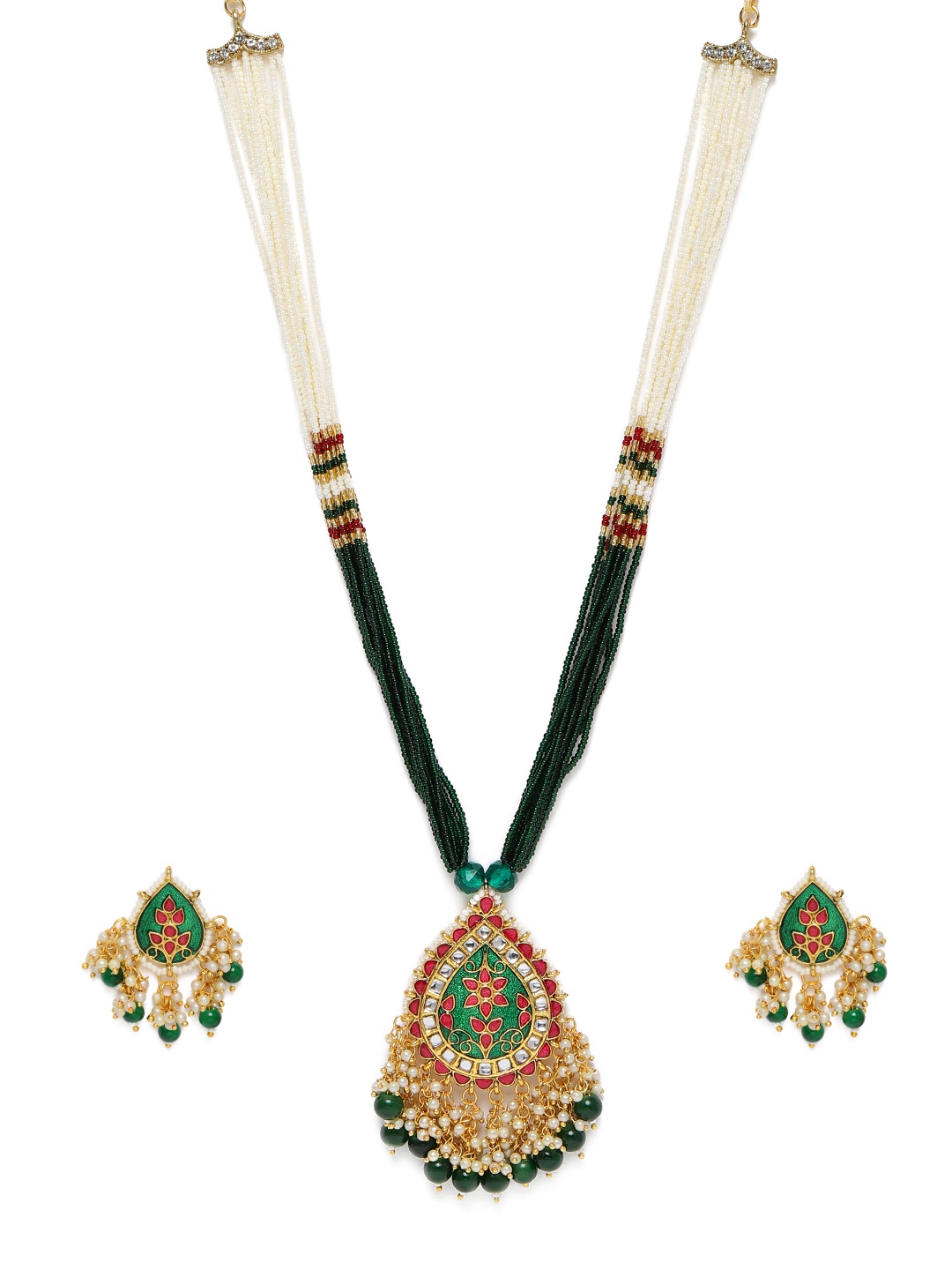 

Zaveri Pearls Green Gold-Plated Meenakari Traditional Jewellery Set