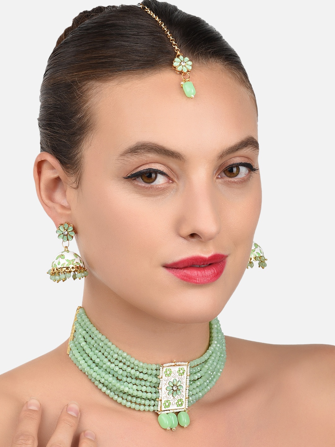 

Zaveri Pearls Gold-Plated & Pastel Green Meenakari Crystal Beads Jewellery Set