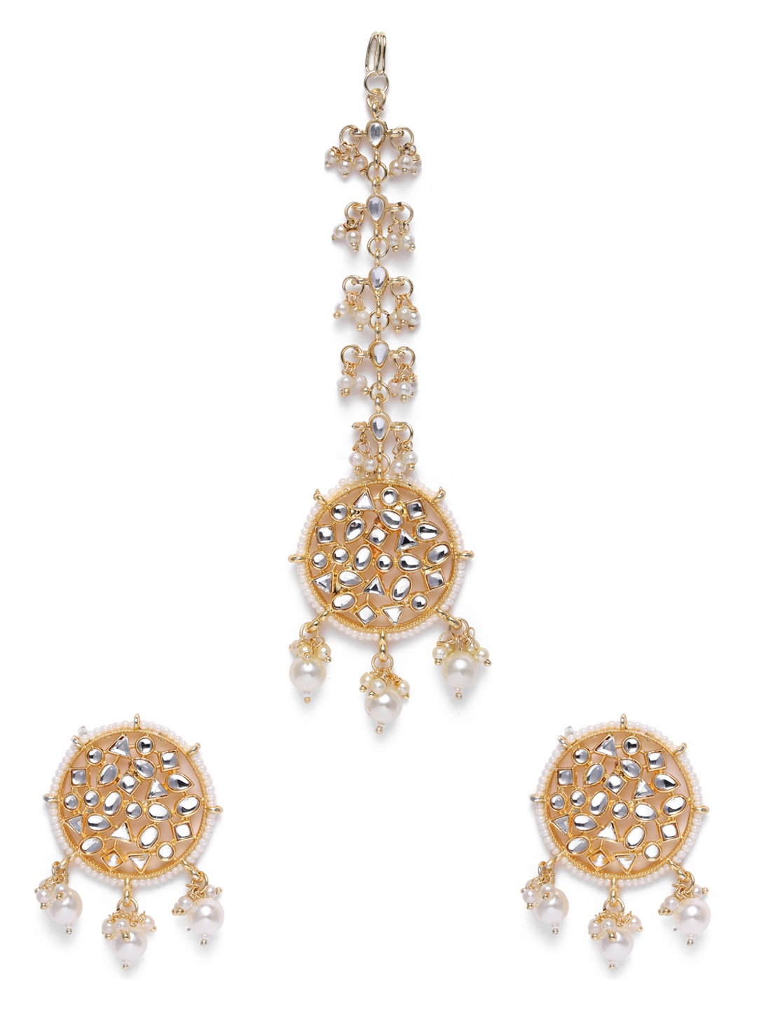 

Zaveri Pearls White & Gold-Plated Kundan Studded Maang Tikka and Earrings