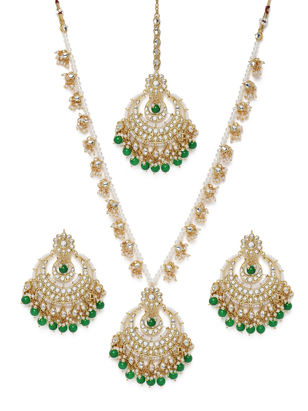 

Zaveri Pearls Gold & Green Beads Chandbali Style Kundan Studded Bridal Jewellery Set
