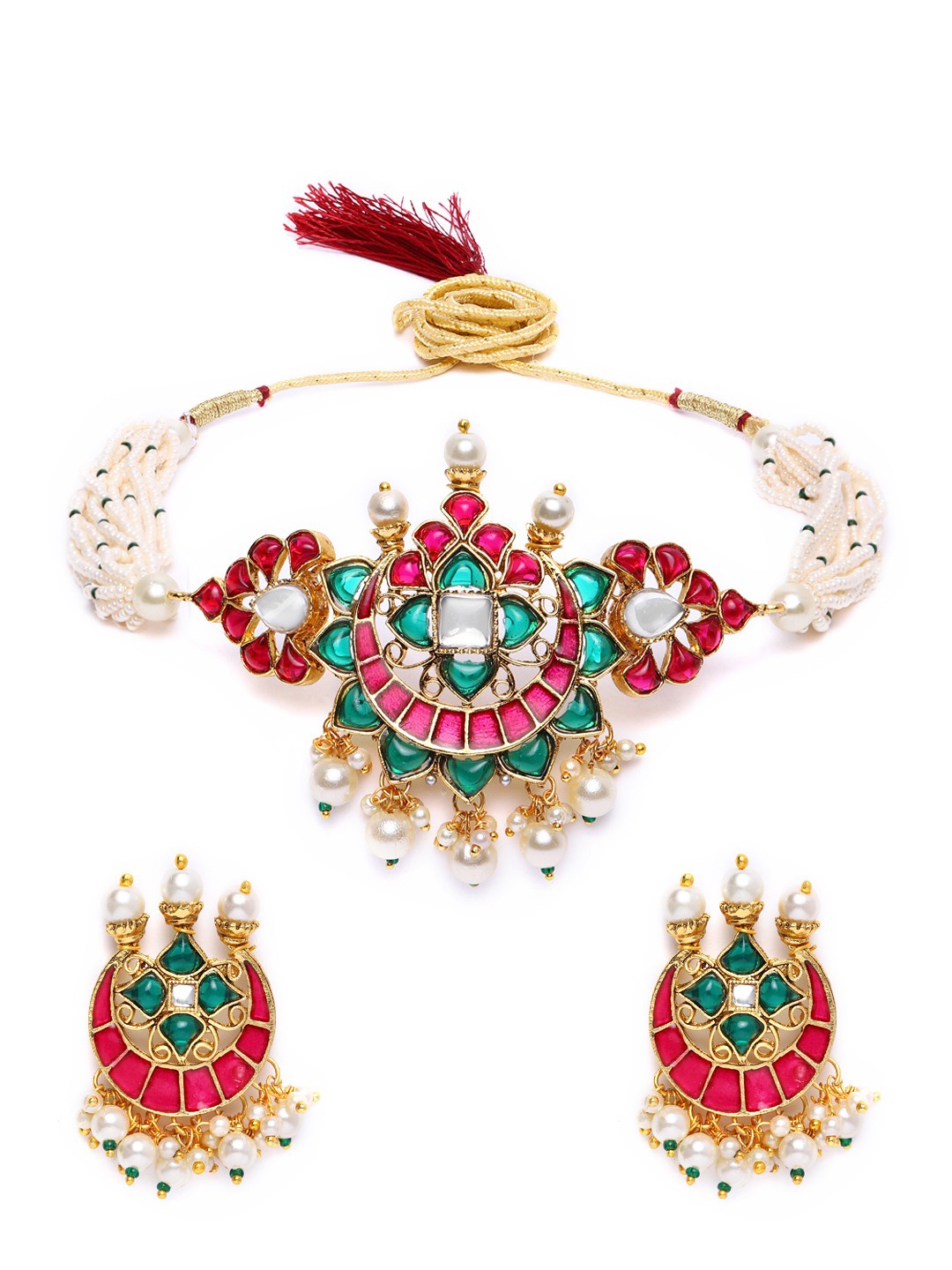 Zaveri Pearls Magenta & Green Gold-Plated Meenakari Jewellery Set