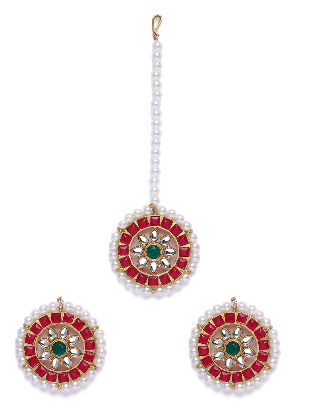 

Zaveri Pearls Pink & White Gold-Plated Stone Studded Maang Tikka and Earrings