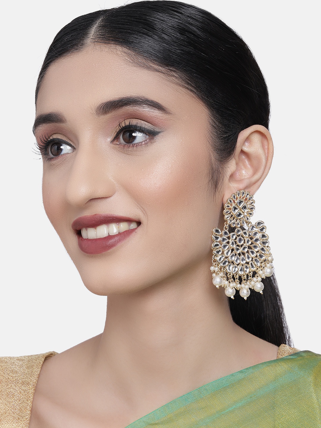 

Zaveri Pearls Gold-Toned Kundan Studded & Pearl Classic Drop Earrings