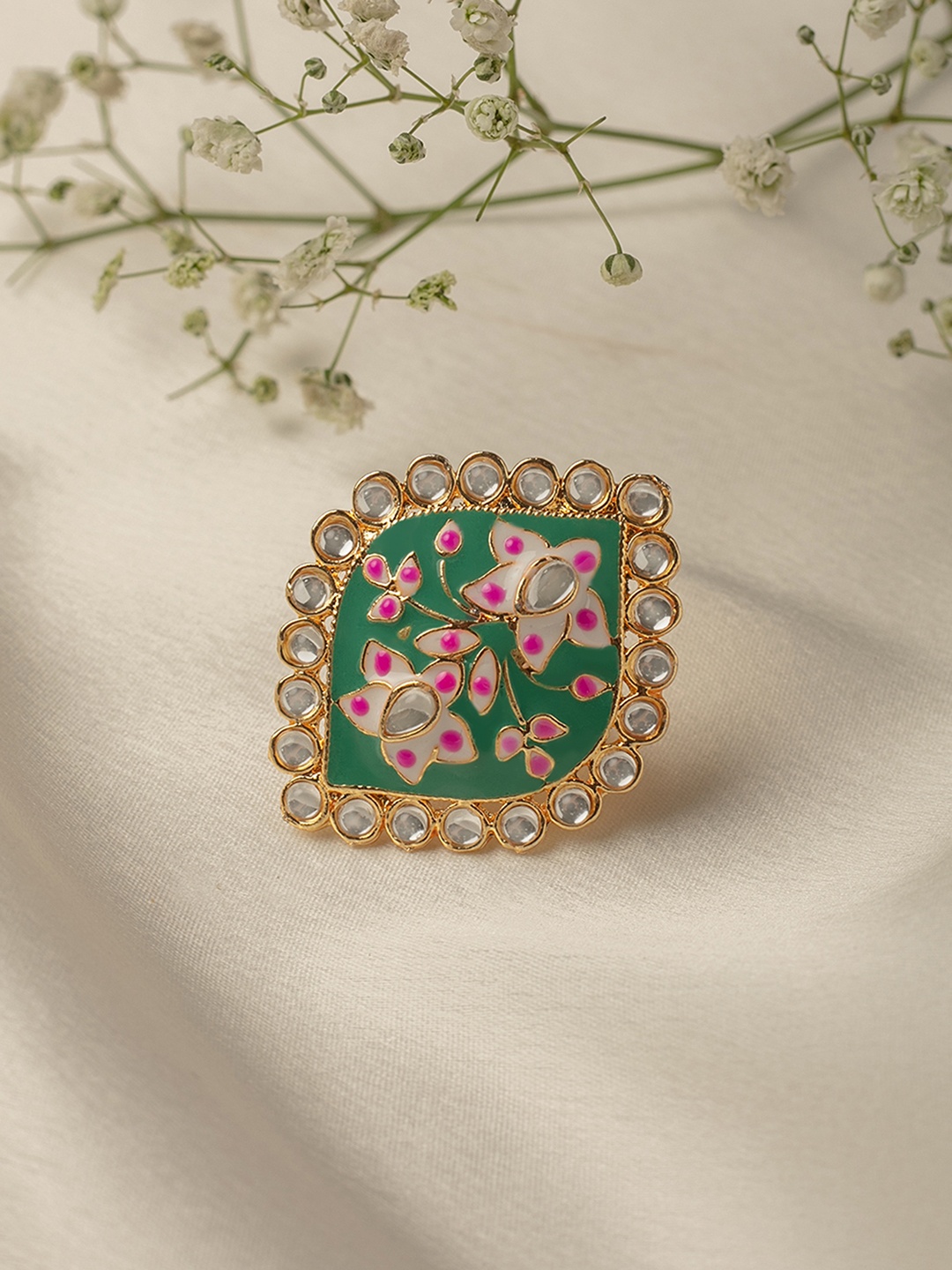 

Zaveri Pearls Green & Pink Gold-Plated Meenakari Kundan Adjustable Finger Ring