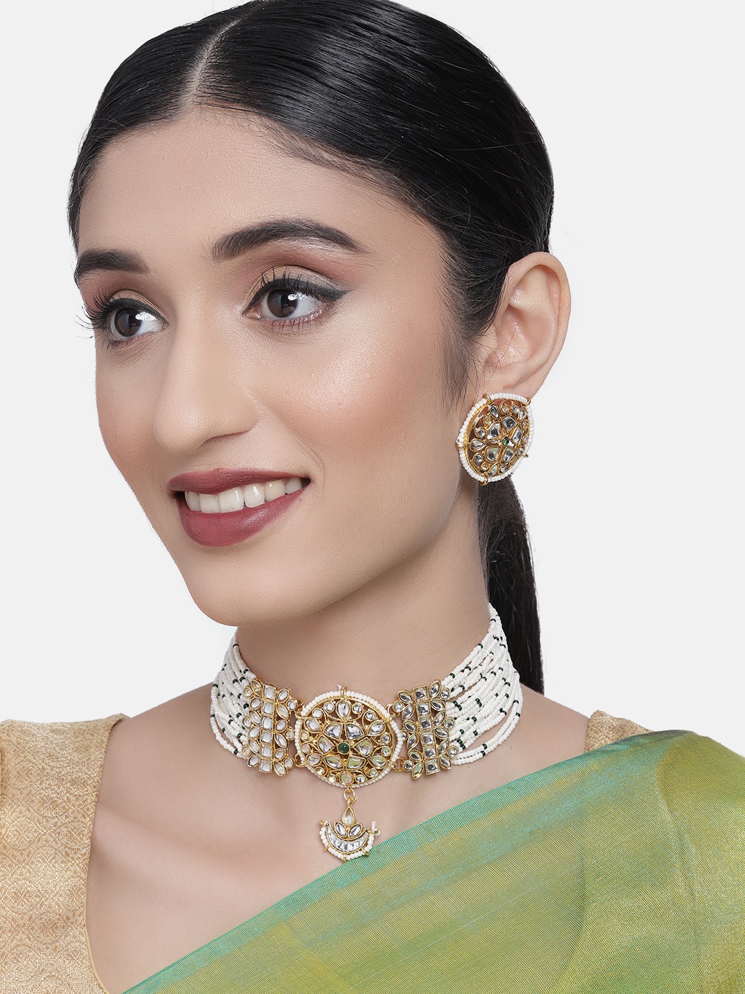 

Zaveri Pearls Gold-Toned Kundan Studded Multistrand Pearl Choker Jewellery Set, Green