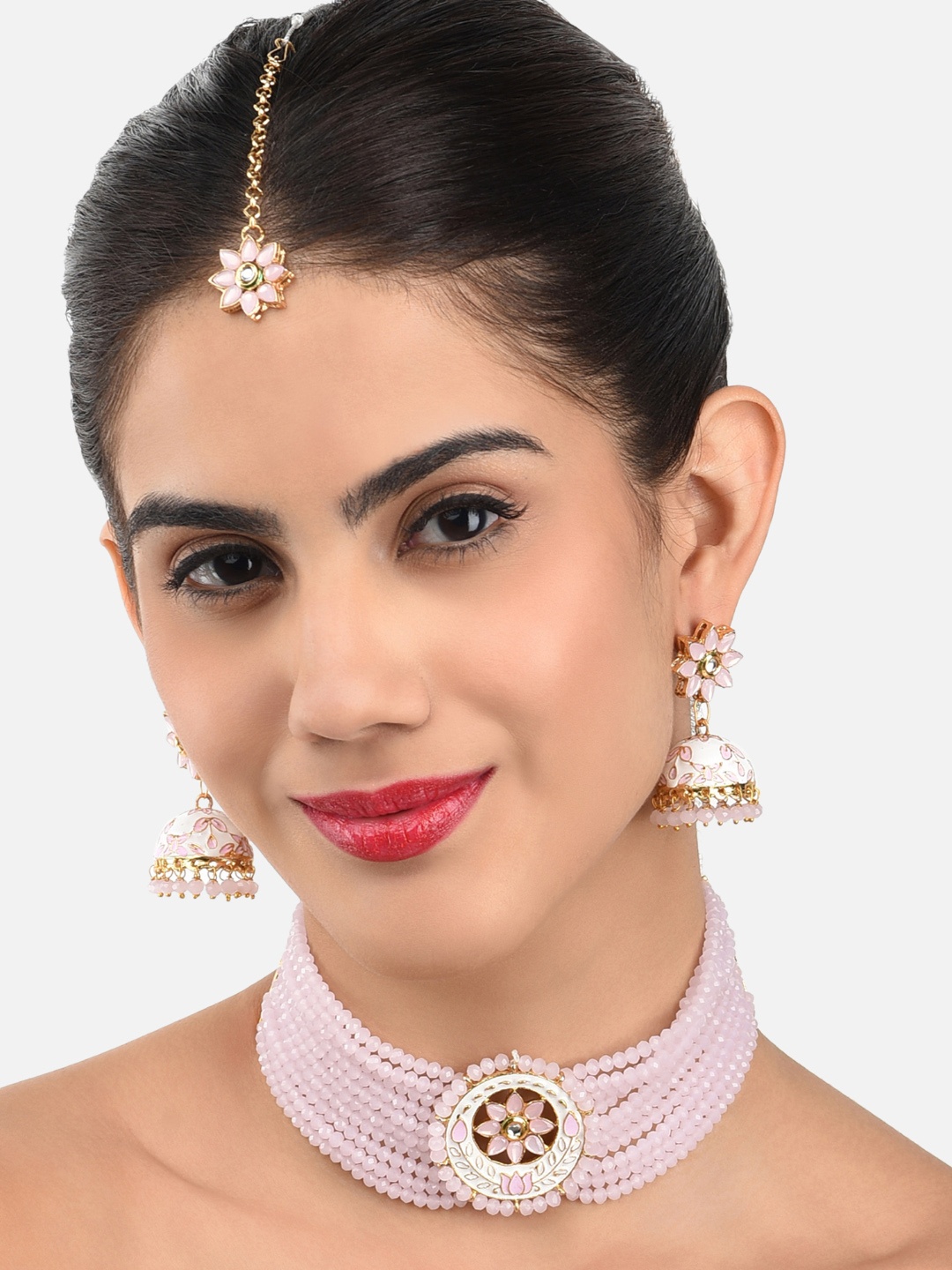 

Zaveri Pearls Pink & White Gold-Plated Stone Studded Meenakari Jewellery Set
