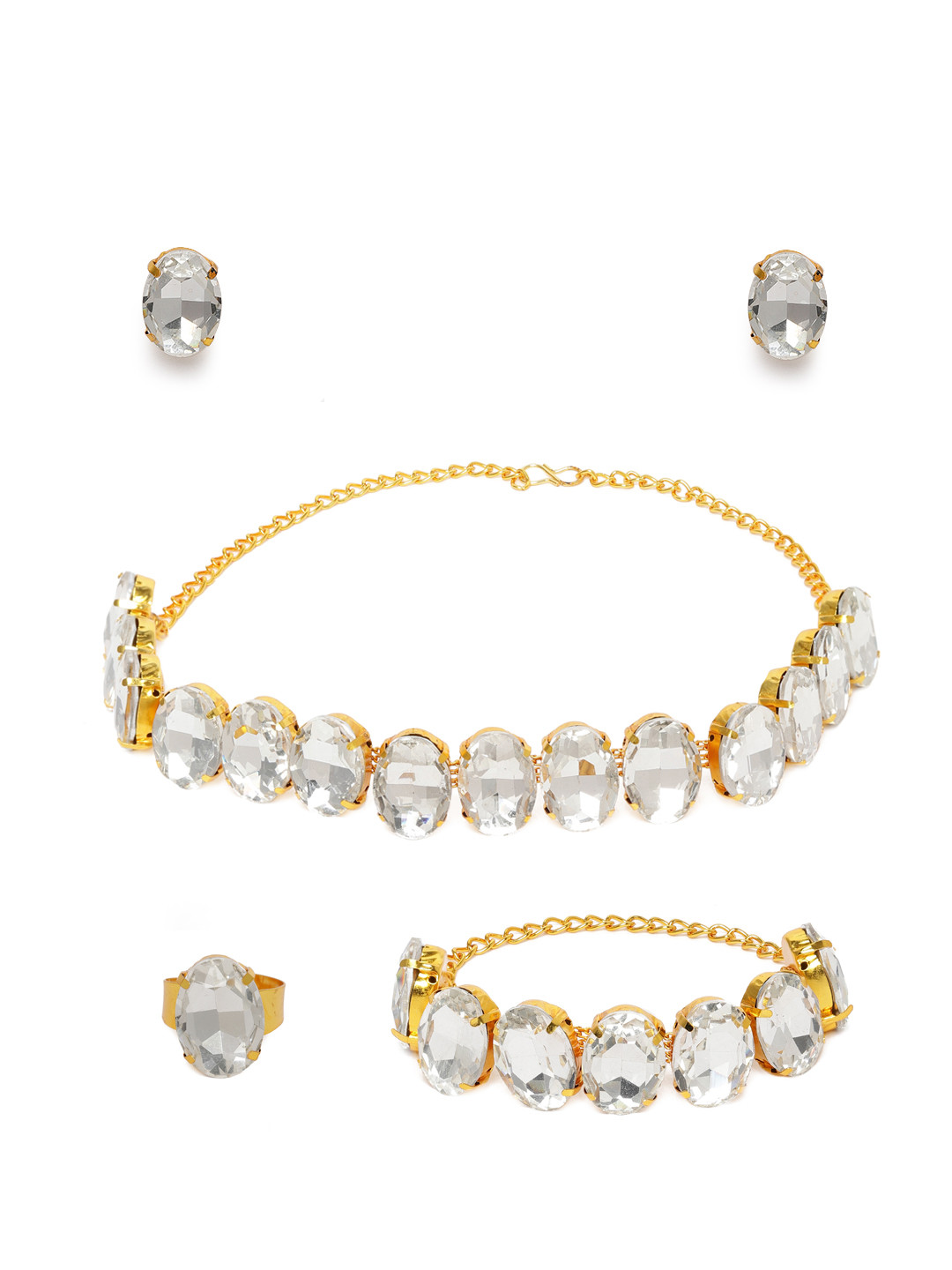 

Zaveri Pearls Gold-Plated Crystal Necklace-Earring-Bracelet & Finger Ring Jewellery Set