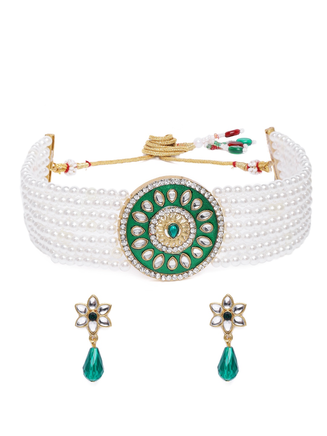 

Zaveri Pearls Green & White Meenakari Multistrand Pearl Choker Jewellery Set