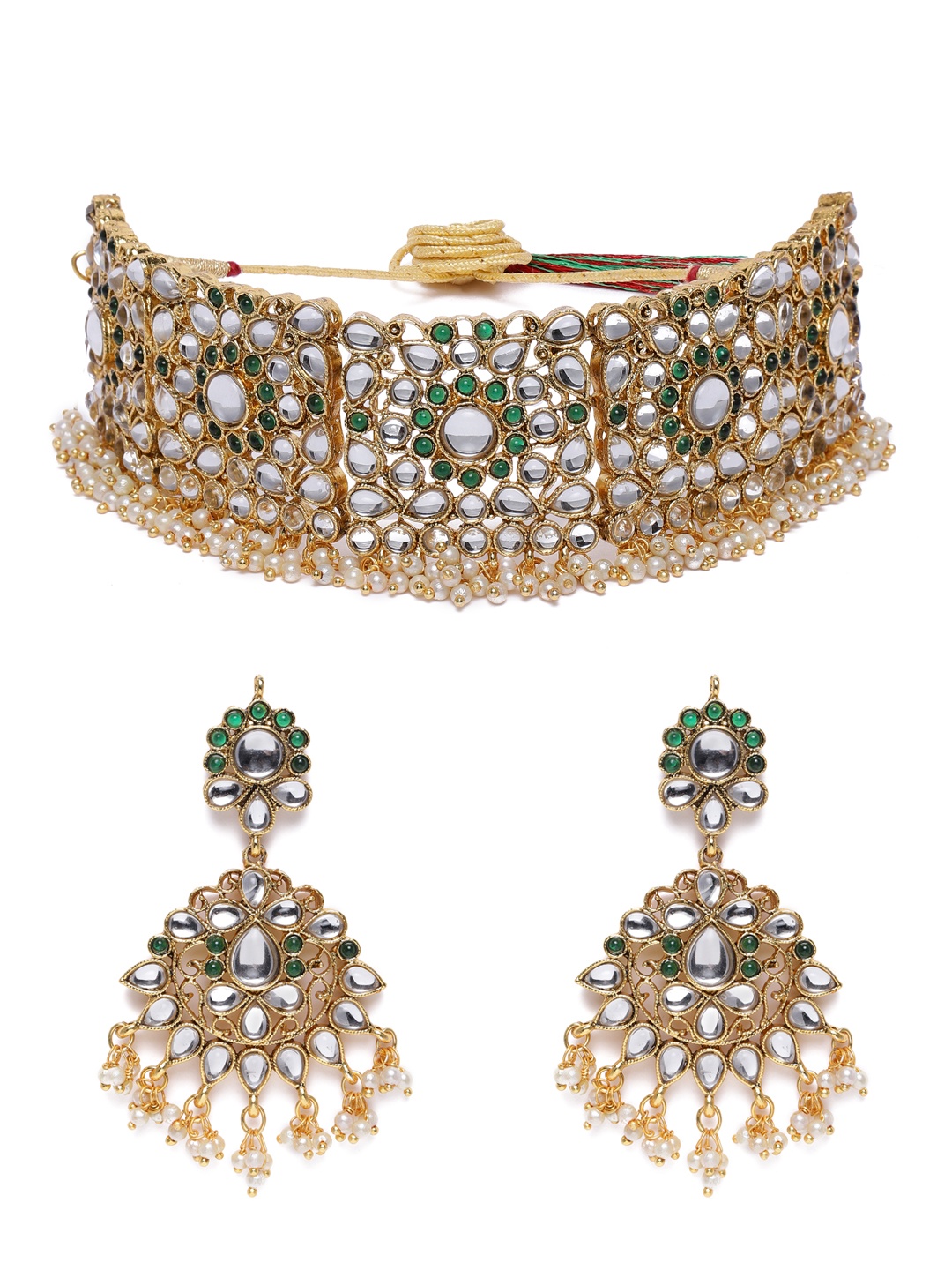 

Zaveri Pearls White & Green Gold-Plated Kundan Studded Jewellery Set