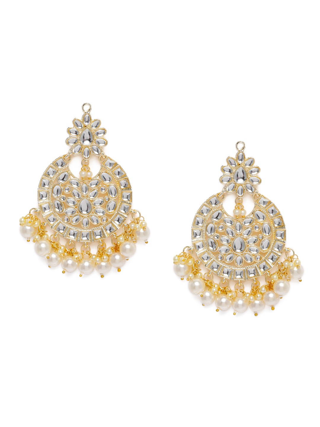 

Zaveri Pearls Gold-Toned & White Classic Kundan Studded Pearl Drop Earrings