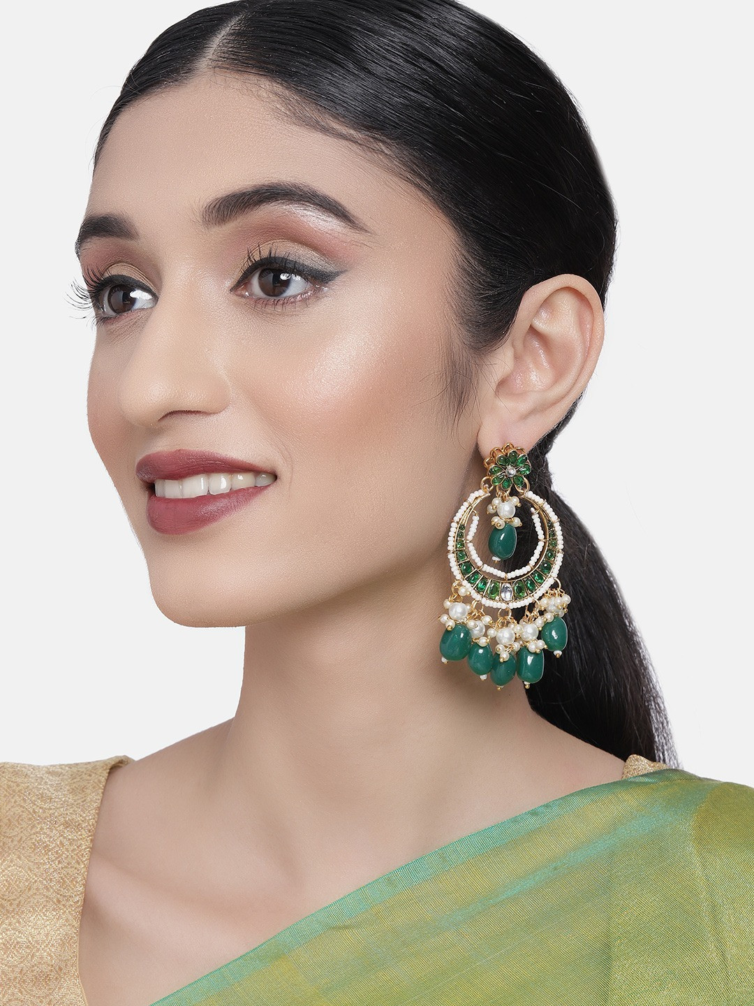 

Zaveri Pearls Green & Gold Beaded Crescent Shaped Drop Earrings