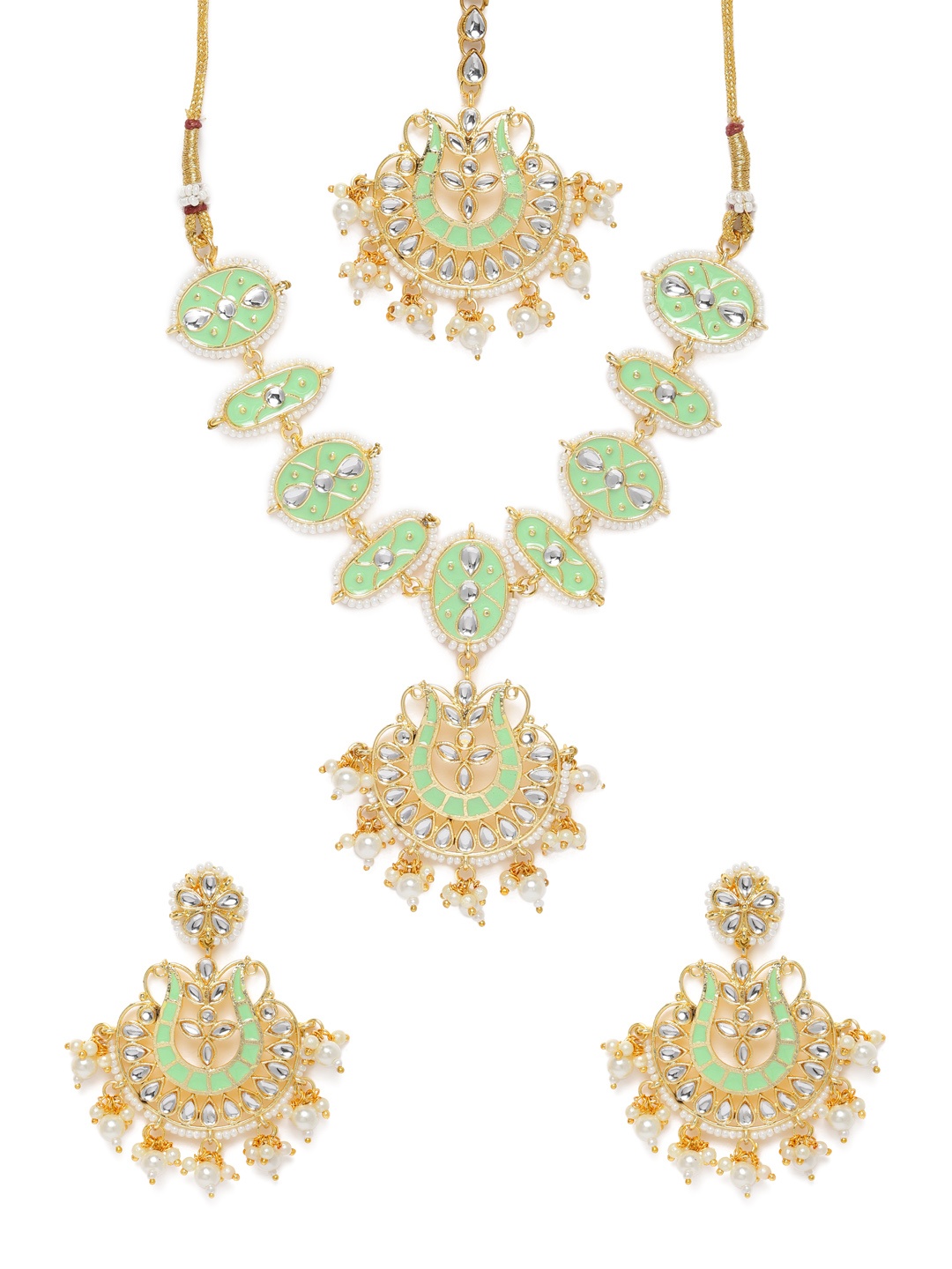 

Zaveri Pearls Green & Beige Gold-Plated Meenakari Kundan Jewellery Set