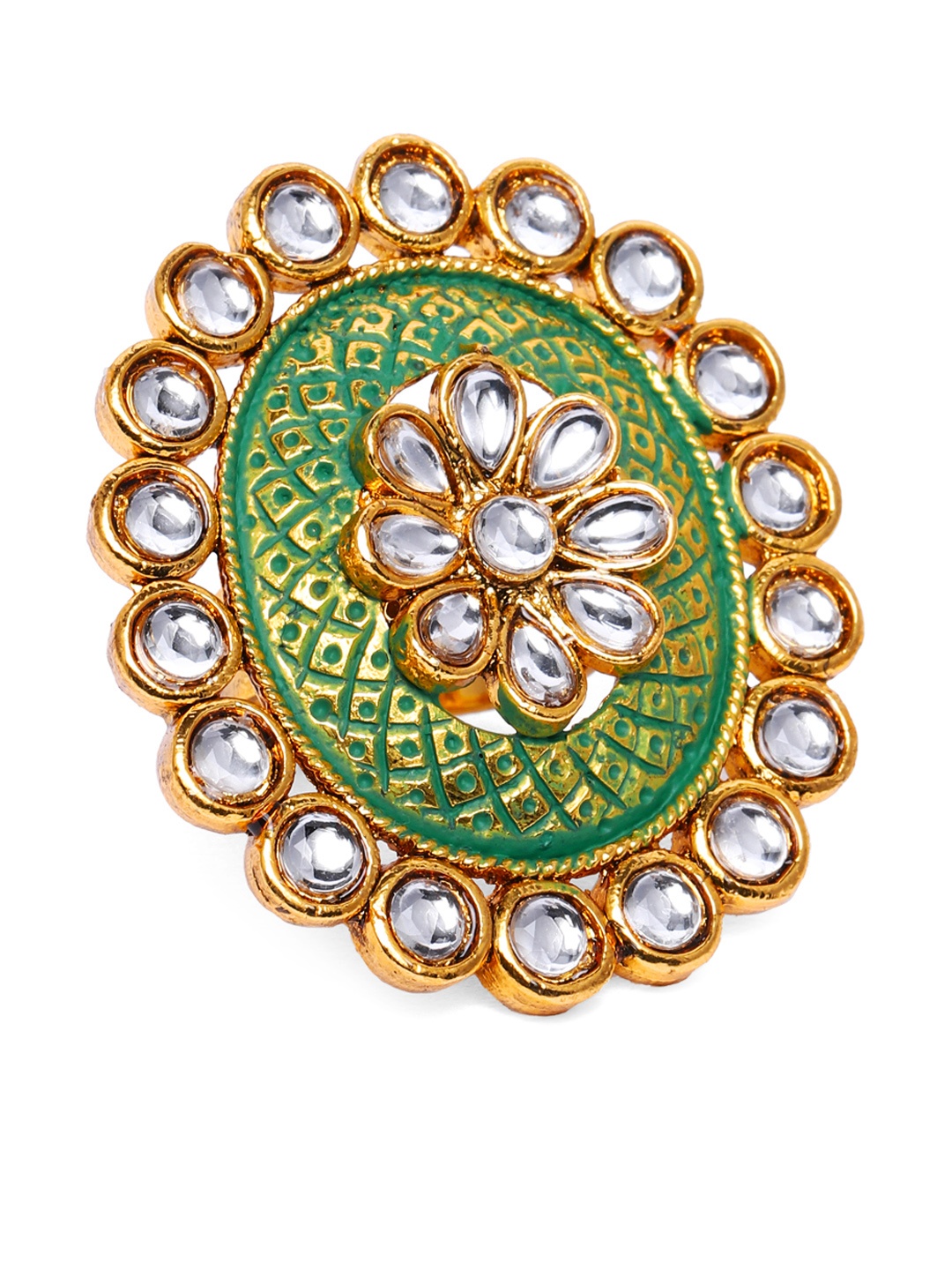 

Zaveri Pearls Green & White Gold-Plated Meenakari Kundan Adjustable Finger Ring