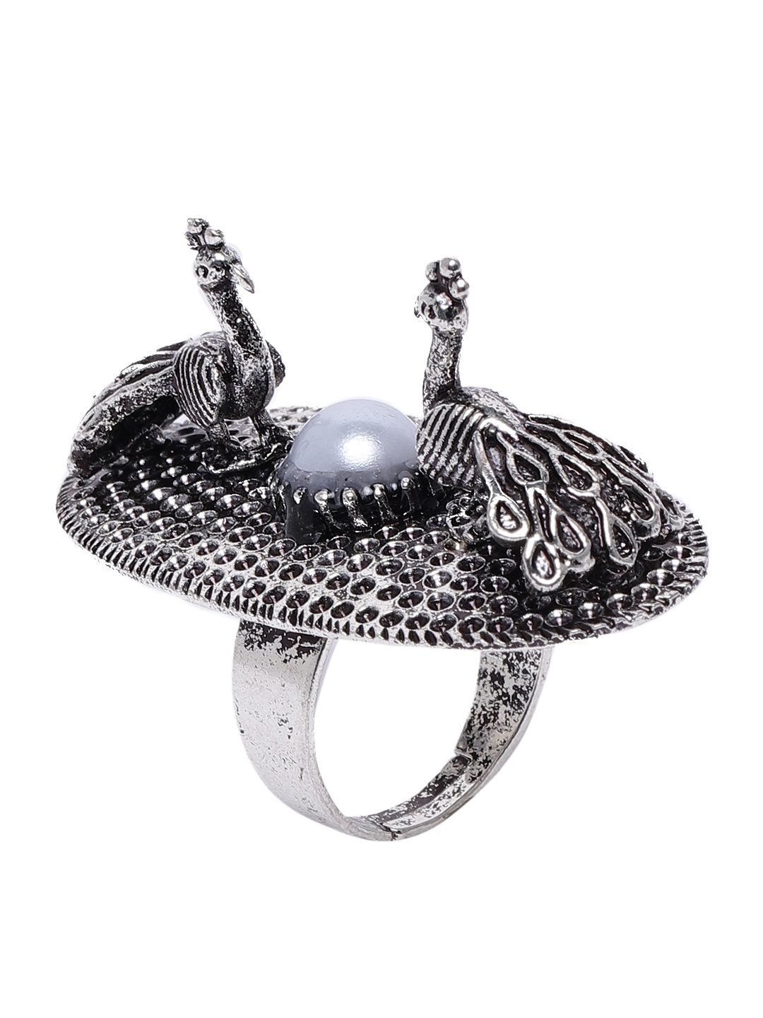 

Zaveri Pearls Silver-Plated Oxidised Peacock Inspired Finger Ring