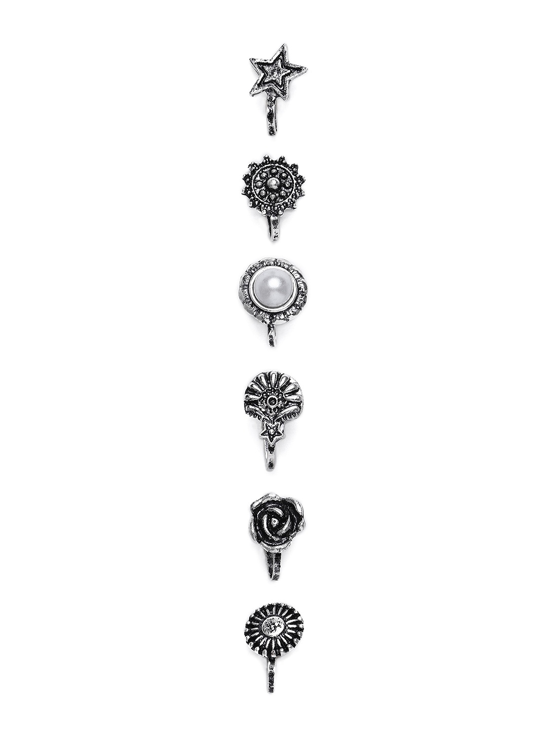 

Zaveri Pearls Set Of 6 Silver-Plated Oxidised Adjustable Nose Pins