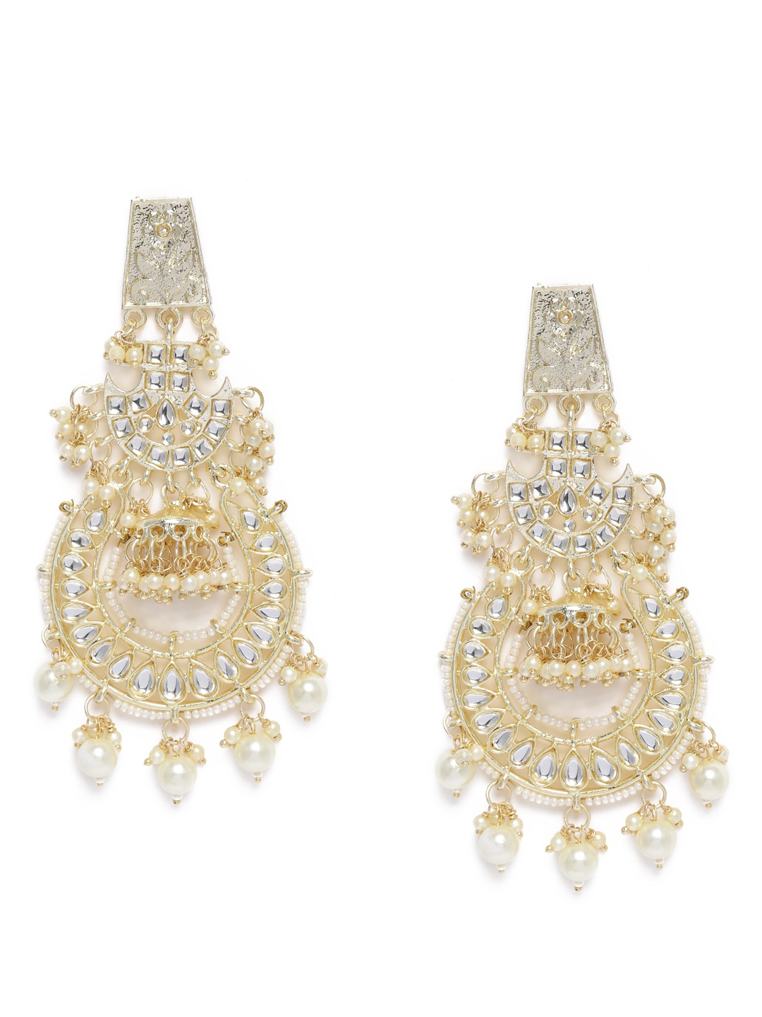 

Zaveri Pearls Gold-Toned & White Classic Kundan Studded Pearl Drop Earrings