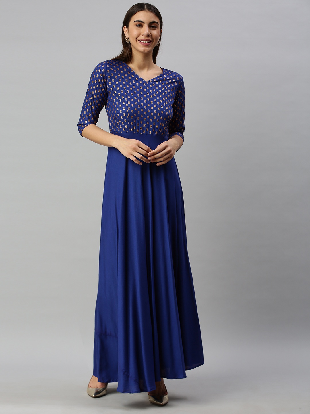 

Swishchick Women Blue & Gold-toned Printed Fit and Flare Dress