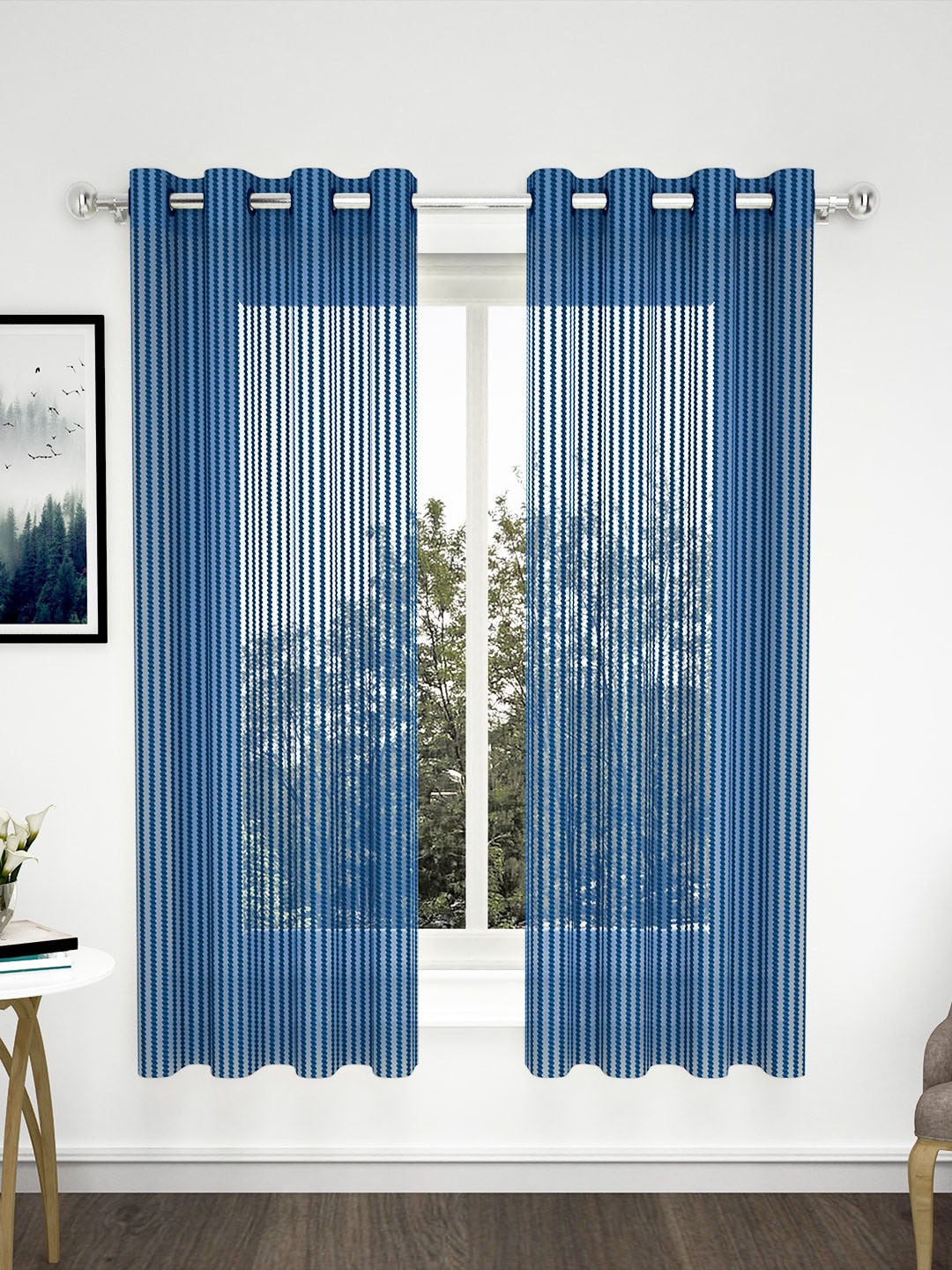 

Bedspun Blue Set of 2 Transparent Fancy Sparkling Sheer Eyelet Window Curtains