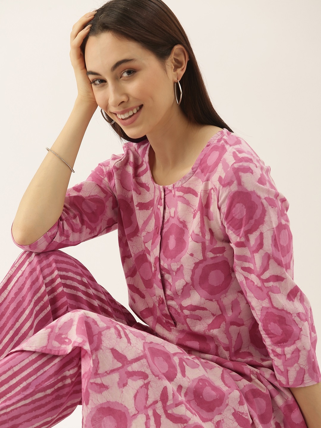 

Taavi Women Pink & Off White Hand Block Print Legacy Sustainable Night suit
