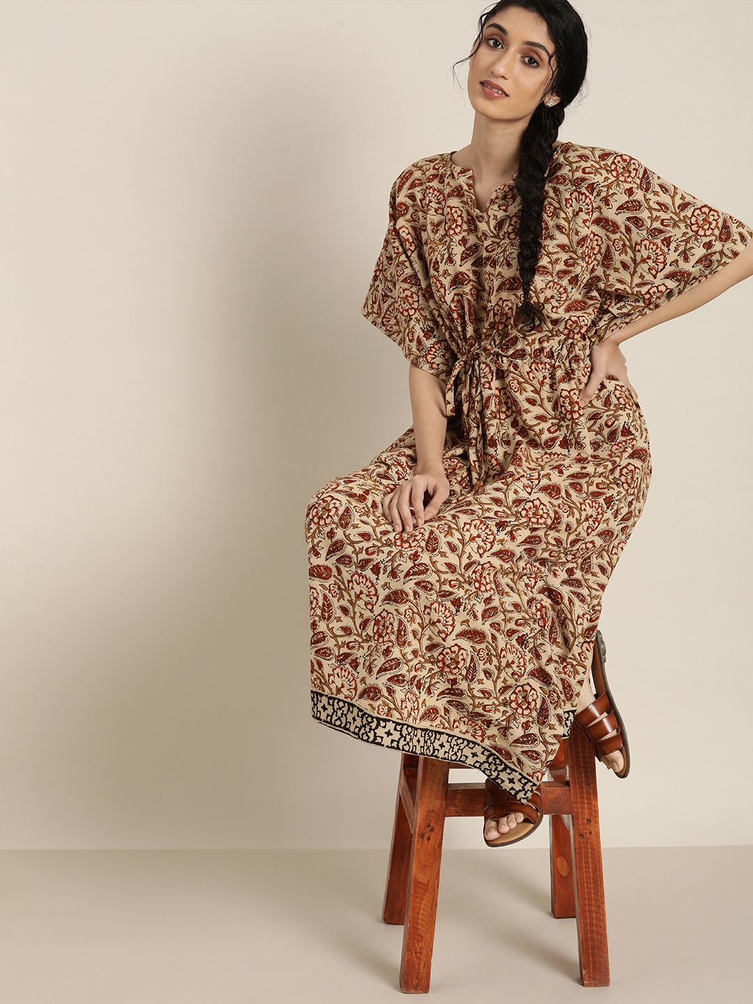 

Taavi Beige & Maroon Hand Block Printed Ethnic Kaftan Midi Nightdress With Tassels