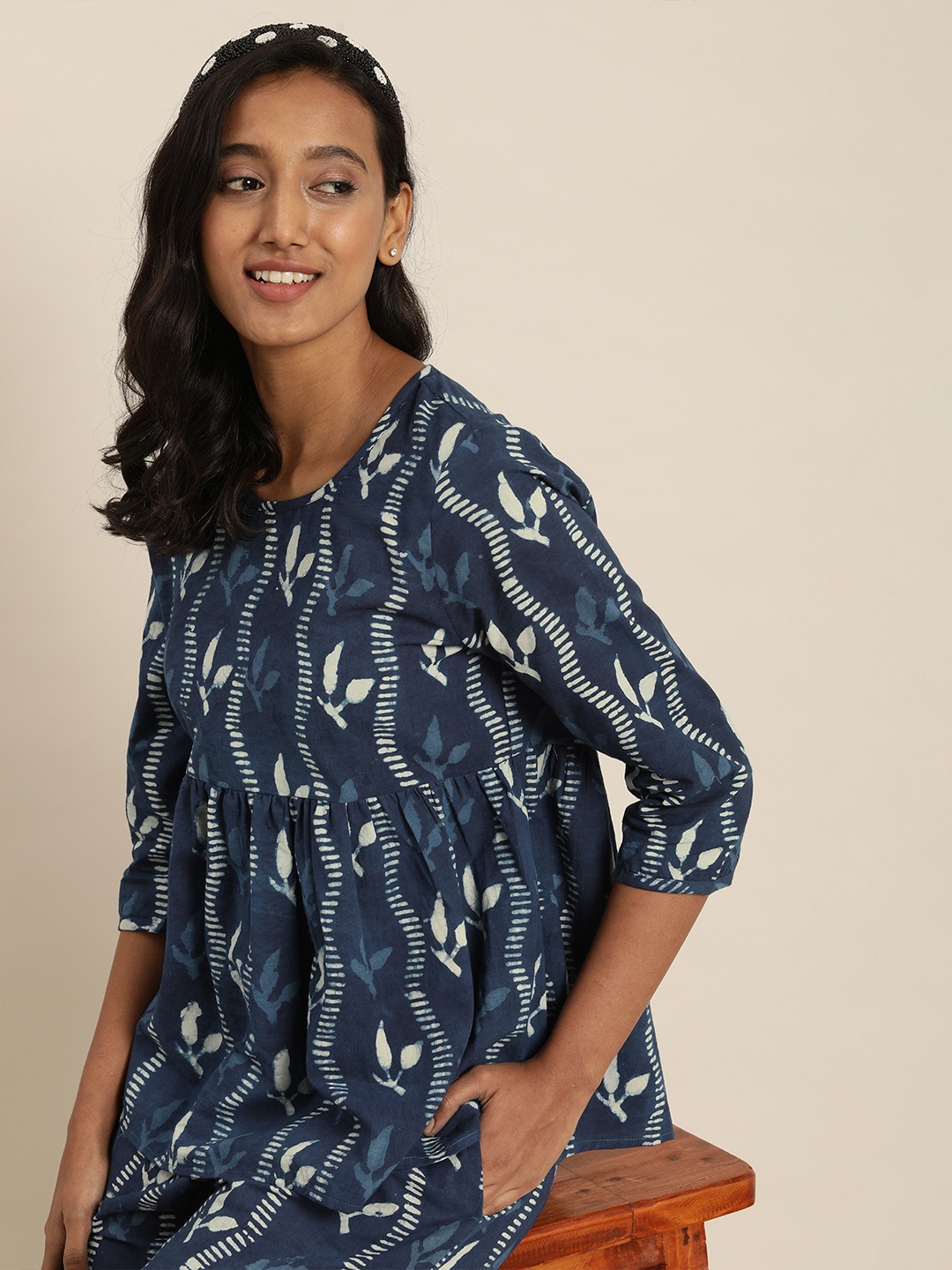 

Taavi Women Navy Blue & Off-White Indigo Hand Block Print Sustainable Night Suit