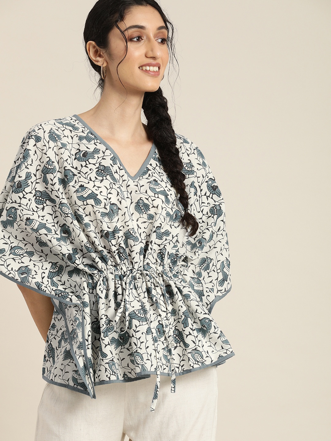 

Taavi Off White & Grey Sanganeri Hand Block Print Kimono Sleeves Lounge Kaftan Top